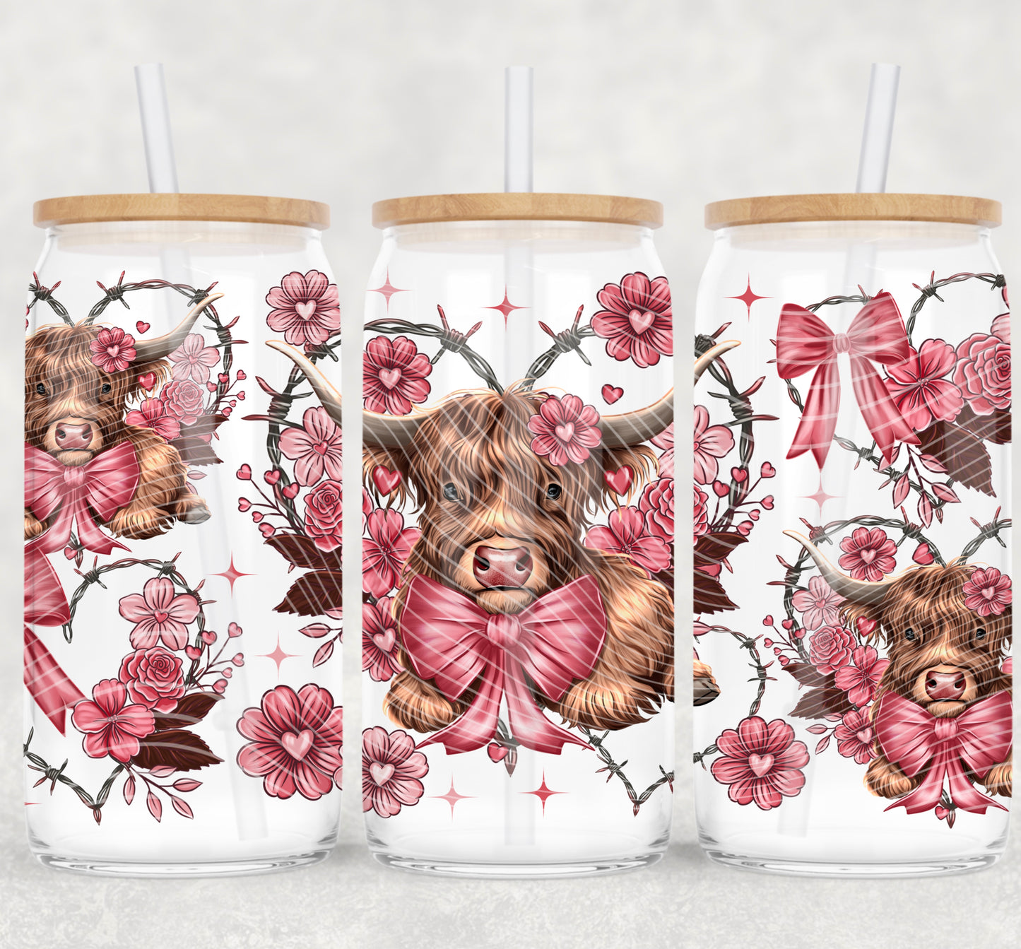 Valentines Highland Cow 16oz UVDTF wrap