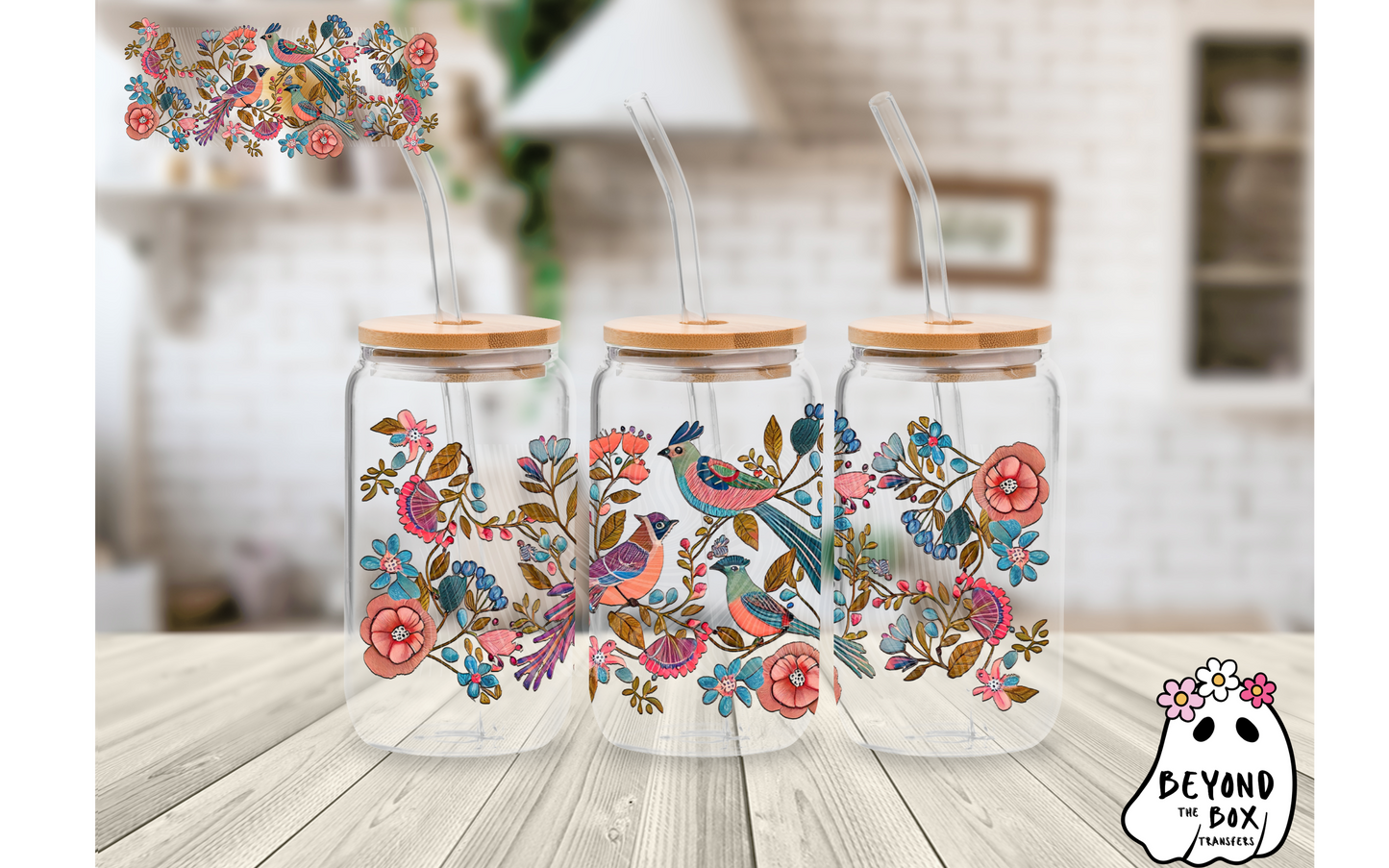 Floral Birds 16oz UVDTF wrap