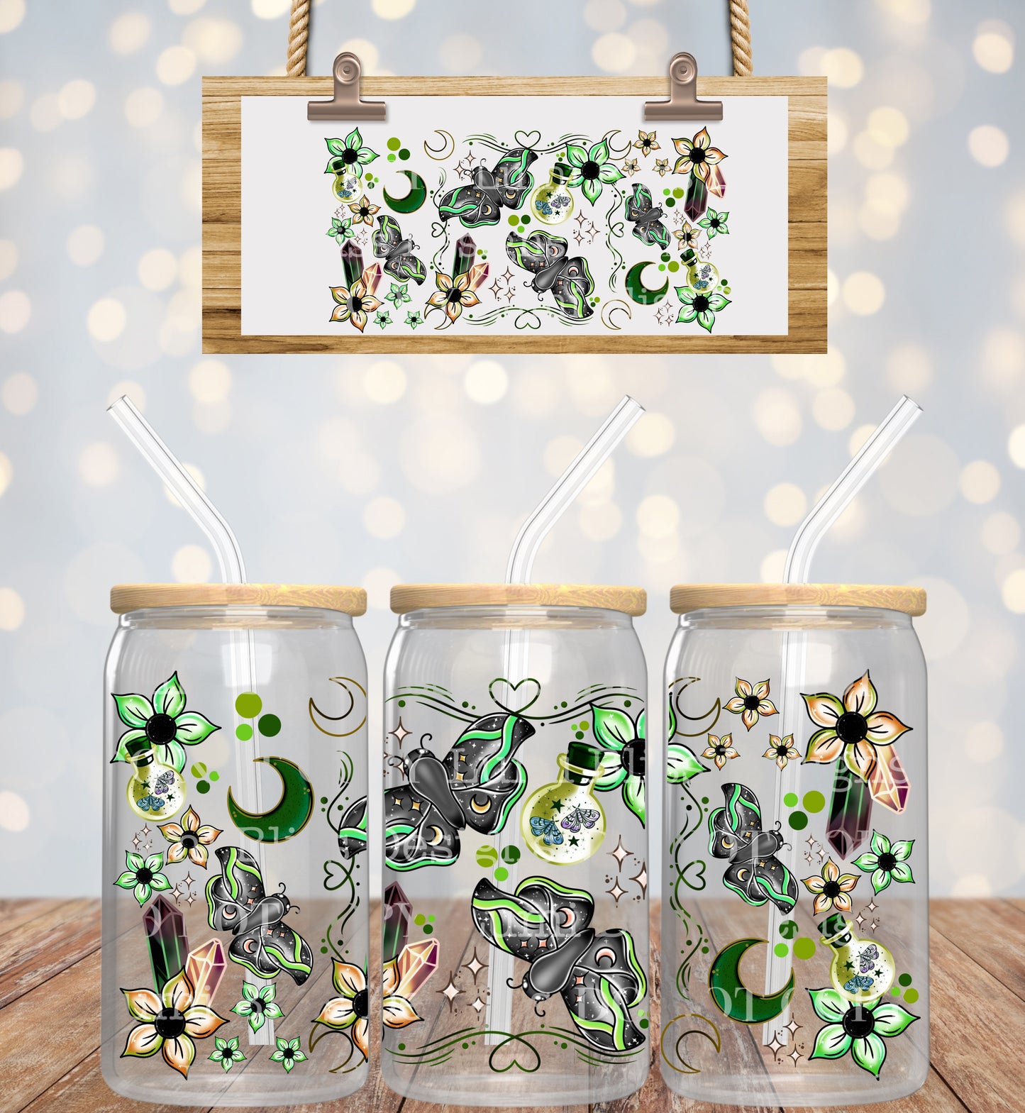 Green Mystical Moth 16oz UVDTF wrap