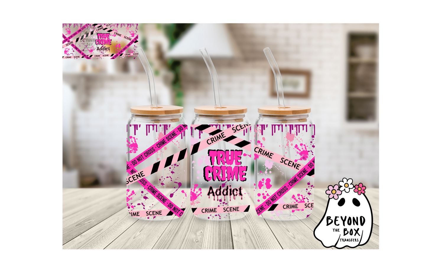 Pink True Crime Addict 16oz UVDTF wrap