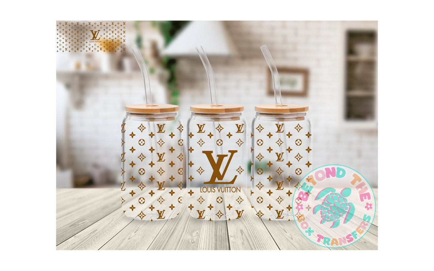 Gold L.V. logo 16oz UVDTF wrap