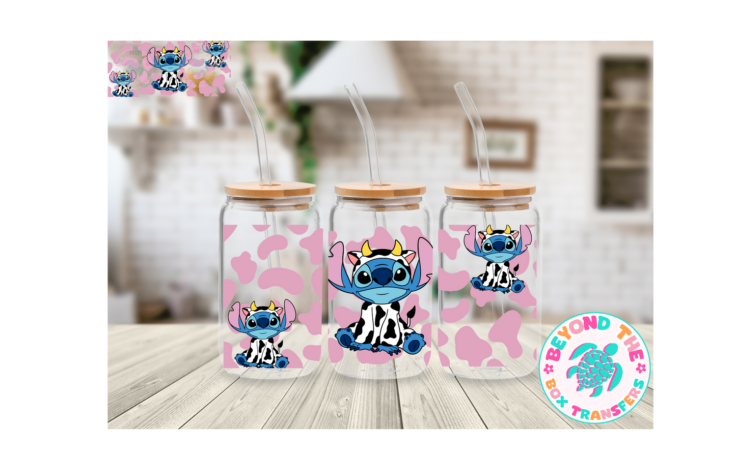 Pink Cow Print Blue Alien 16oz UVDTF wrap