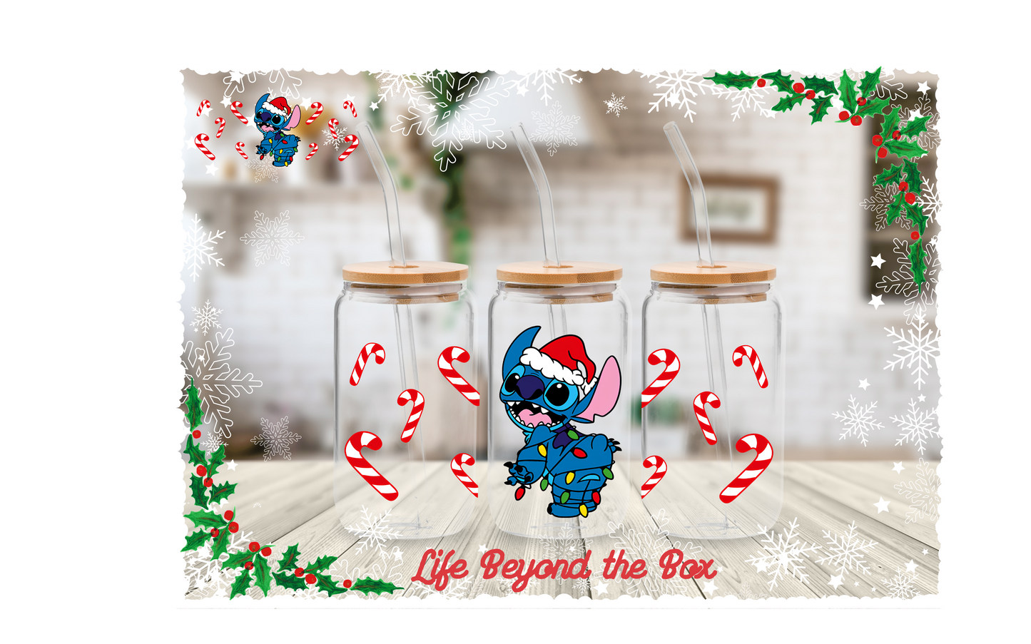Candy Cane Blue Alien Christmas 16oz UVDTF wrap