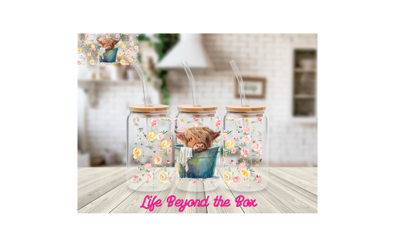 Floral Cow in Bucket   16oz UVDTF wrap