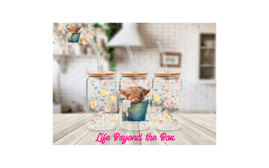 Floral Cow in Bucket   16oz UVDTF wrap