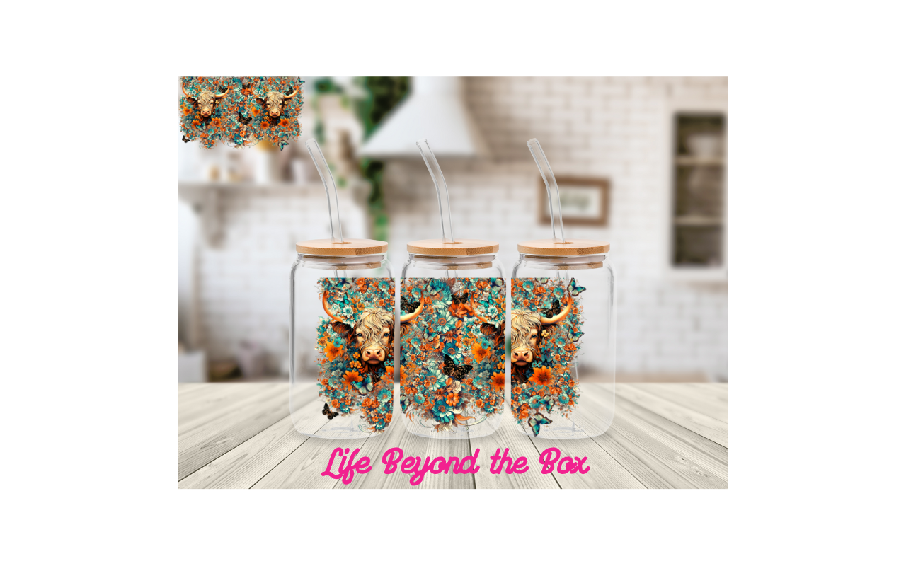 Teal floral Cow 16oz UVDTF wrap