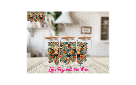 Teal floral Cow 16oz UVDTF wrap