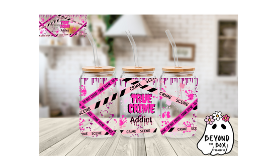 Pink True Crime Addict 16oz UVDTF wrap