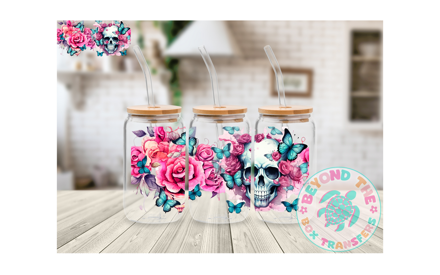 Skull with Pink flowers UV DTF 16oz Wrap