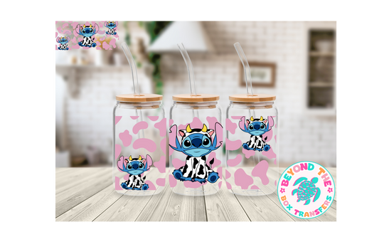 Pink Cow Print Blue Alien 16oz UVDTF wrap
