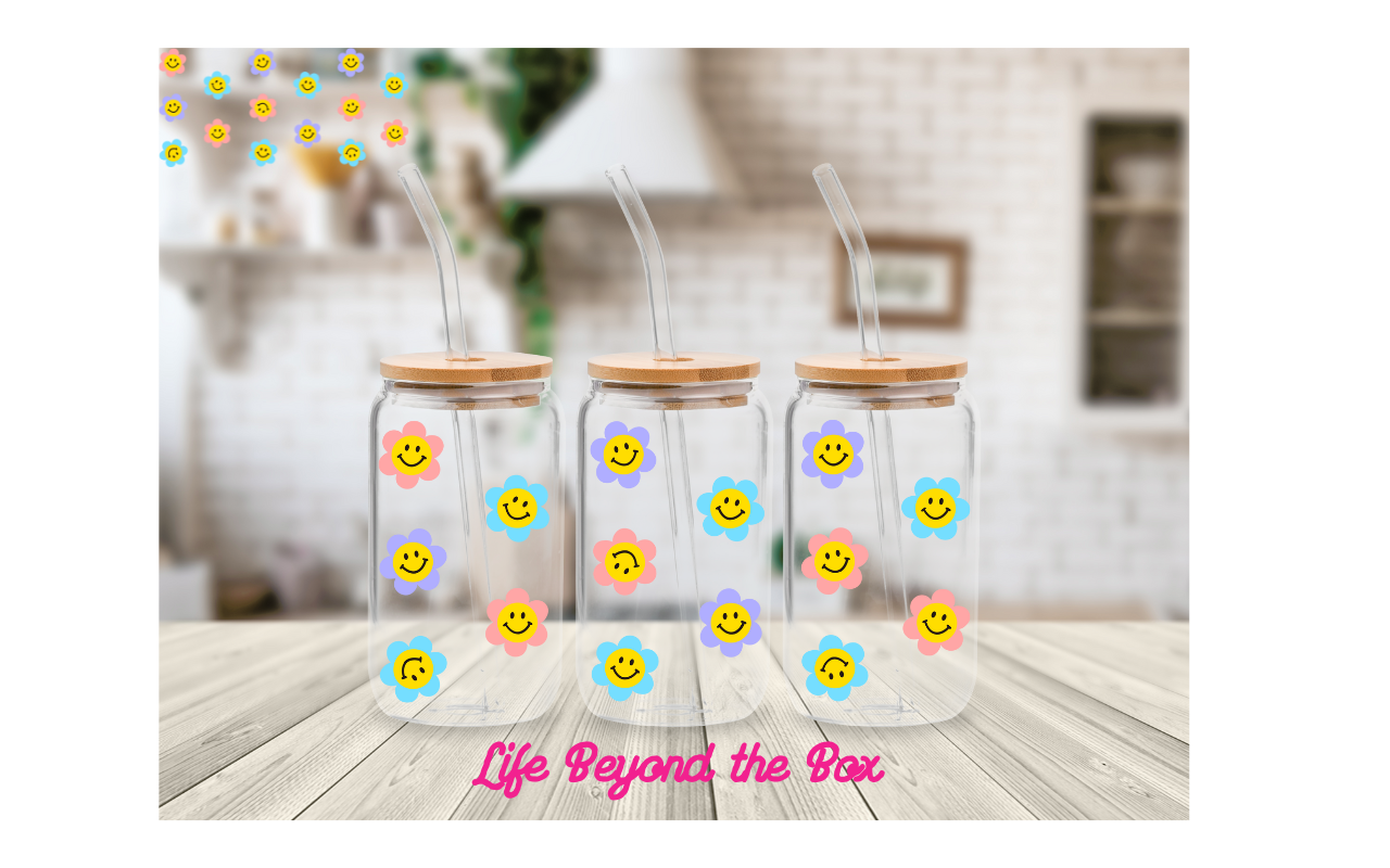 Pastel  Smiley Face Flowers 16oz UVDTF wrap