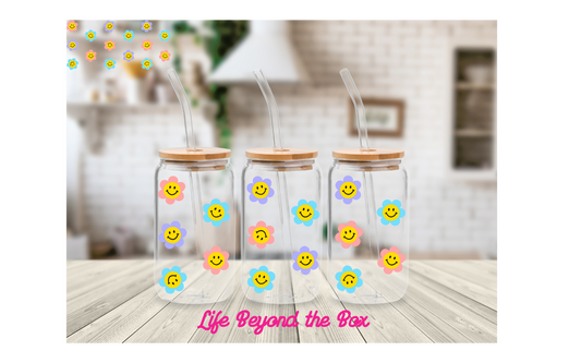 Pastel  Smiley Face Flowers 16oz UVDTF wrap