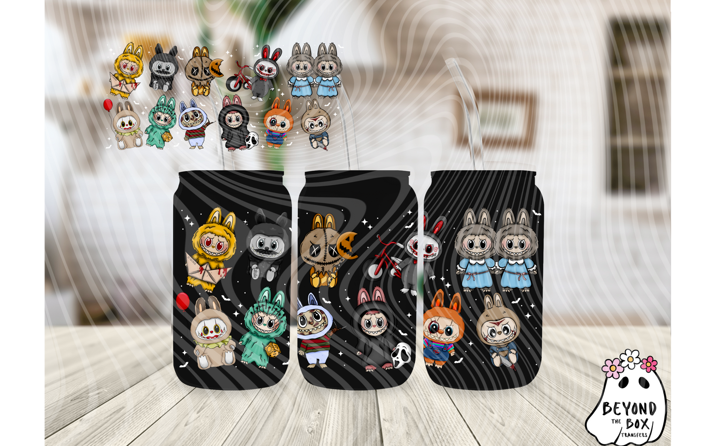 White Horror Collage labubu 16oz UVDTF wrap