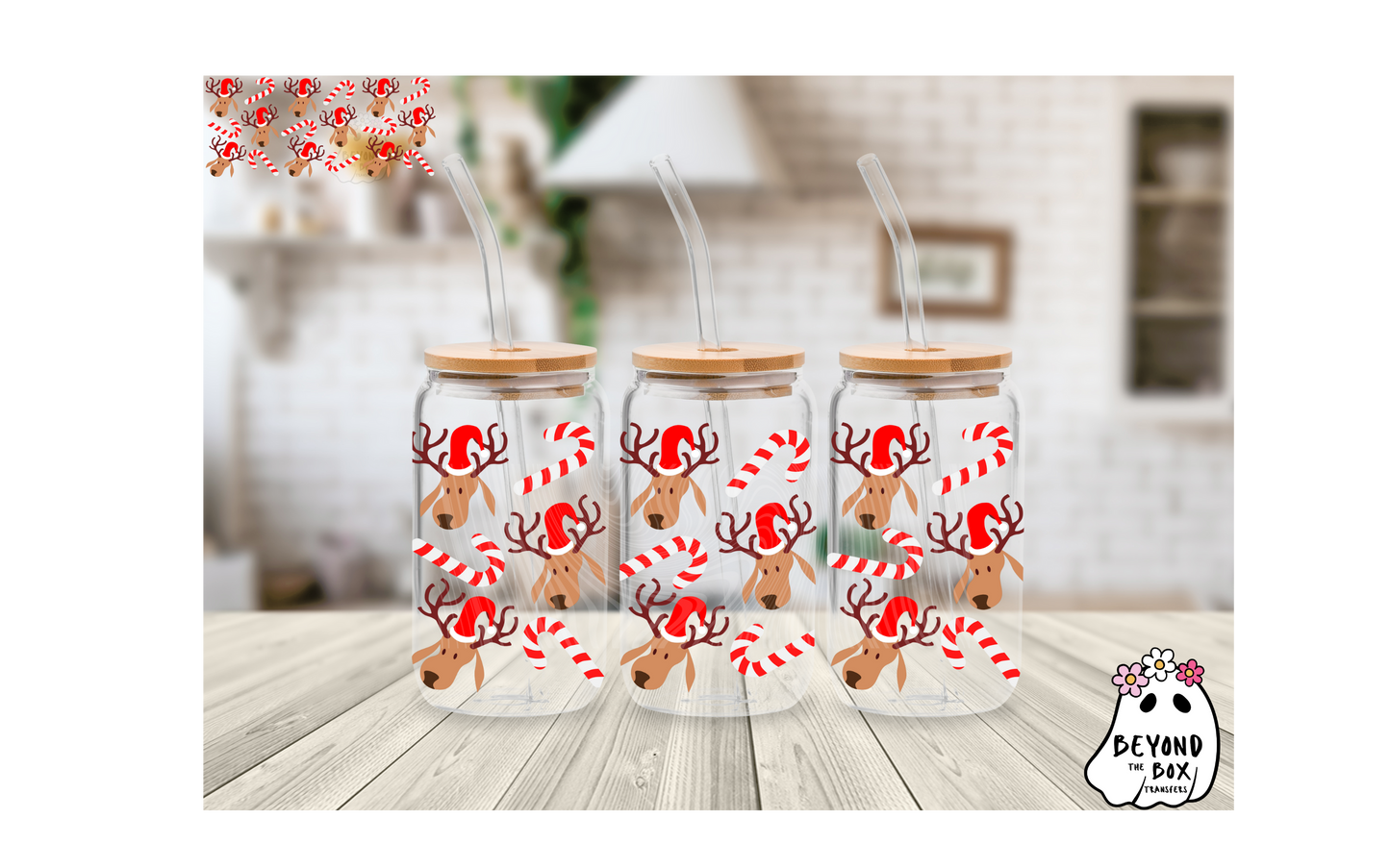 Candy Cane Reindeer 16oz UVDTF Wrap