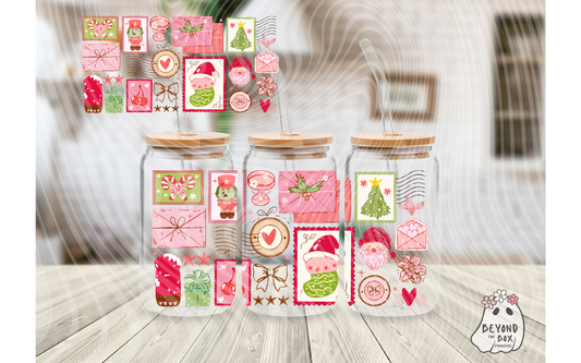 Pink Christmas stamps 16oz UVDTF Wrap